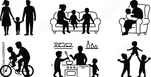 Happy Family Scene Silhouette Icon Collection Set