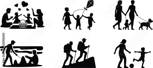 Happy Family Scene Silhouette Icon Collection Set