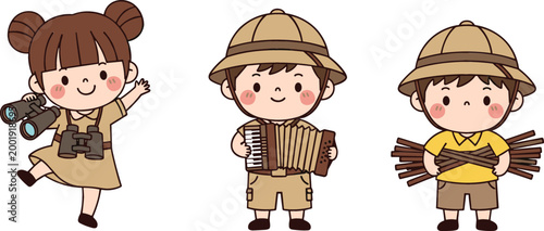 Cute kids explorers set with safari outfits binoculars accordion and adventure activities cartoon vector illustration isolated on white background