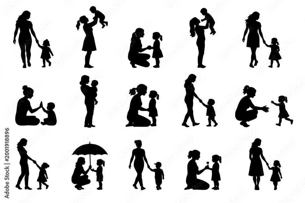 Fototapeta premium Silhouette of caucasian female figures interacting with children in various poses.