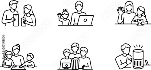 Happy Family Scene Silhouette Icon Collection Set