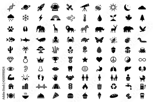 Diverse icon set featuring nature, animals, science, food, and symbols.