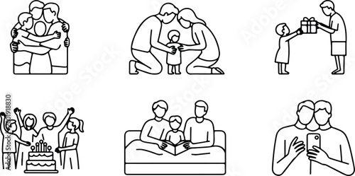 Happy Family Scene Silhouette Icon Collection Set