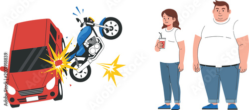 Car and motorcycle accident scene with people body types comparison cartoon vector illustration isolated on white background