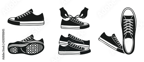 Sneaker Shoes Icon Set Vector, Canvas Shoe Side View and Top View, Lacing Illustration, Rubber Sole Pattern, Sport Footwear Silhouette Collection for Design, Streetwear Fashion Graphics, Flat Minimali