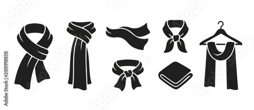 Scarf Icon Set, Winter Fashion Accessories Collection, Different Styles of Fabric Neckwear, Seasonal Clothing Vector Elements, Wrapped and Hanging Wool Scarf Graphic Symbols for Design Projects