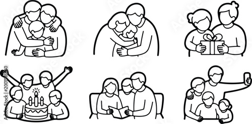 Happy Family Scene Silhouette Icon Collection Set
