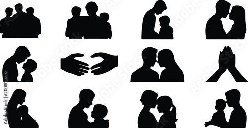 Happy Family Scene Silhouette Icon Collection Set
