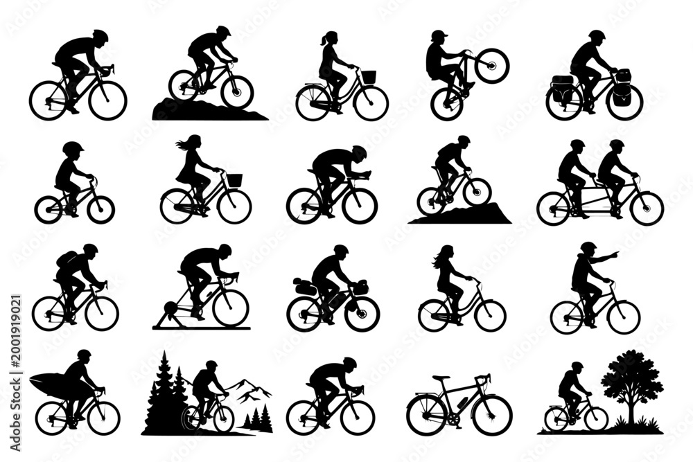 Naklejka premium Silhouettes of people cycling: diverse riding styles and activities.
