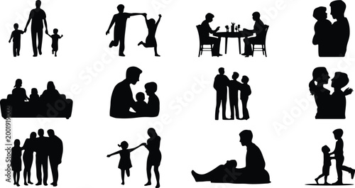 Happy Family Scene Silhouette Icon Collection Set