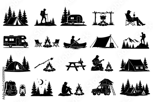 Camping adventure silhouettes with tents, campfires, and outdoor activities.