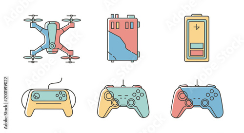 Colorful gaming controllers and accessories.