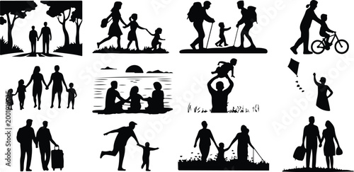 Happy Family Scene Silhouette Icon Collection Set