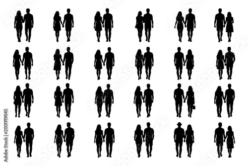 Silhouette pairs of male and female figures in various walking poses.