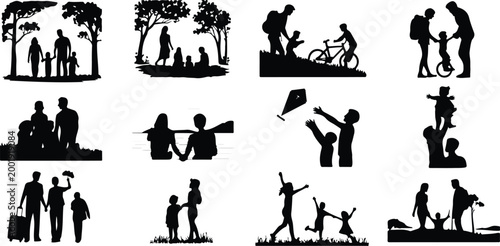 Happy Family Scene Silhouette Icon Collection Set
