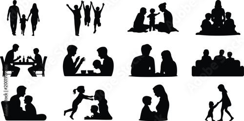 Happy Family Scene Silhouette Icon Collection Set