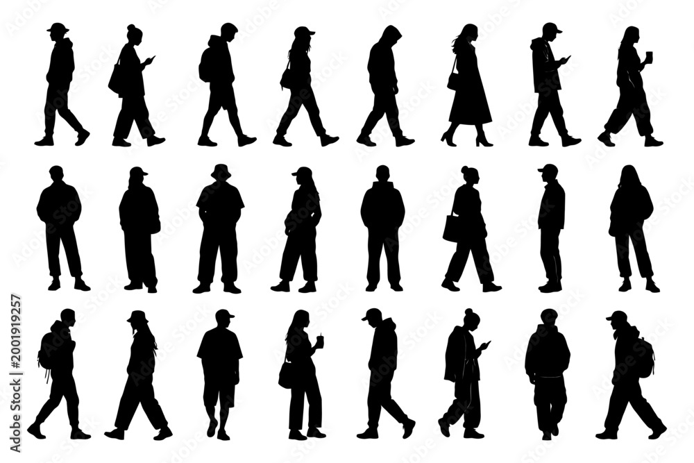 Fototapeta premium Silhouettes of diverse adults walking and using phones.