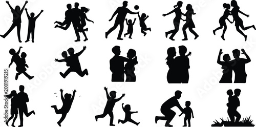 Happy Family Scene Silhouette Icon Collection Set