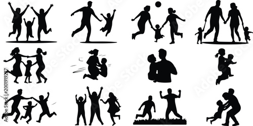Happy Family Scene Silhouette Icon Collection Set