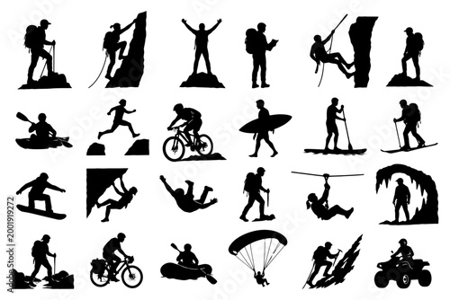 Silhouettes of adventure sports enthusiasts engaging in various outdoor activities.
