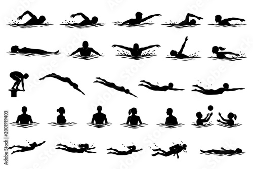 Silhouettes of swimmers and swimming techniques in various poses.