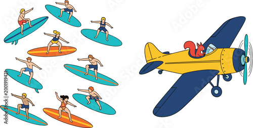 Surfing people set with surfers riding waves and vintage airplane cartoon vector illustration collection isolated on white background