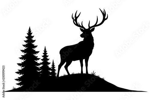 Majestic deer silhouette in forest clearing with pine trees on hill.