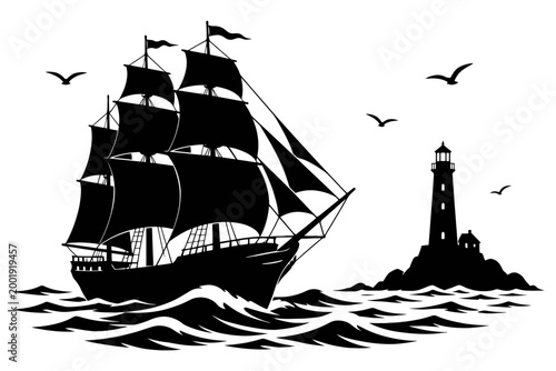 Silhouette of sailing ship and lighthouse with seagulls over ocean waves.