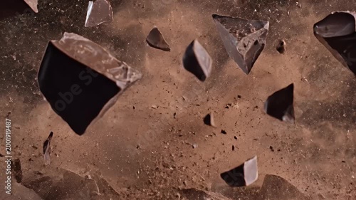 A close-up shot captures a broken chocolate bar with cocoa powder scattering around it, highlighting the rich texture and indulgent nature of the treat.