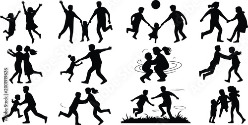 Happy Family Scene Silhouette Icon Collection Set