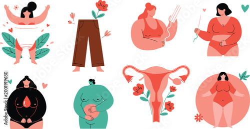 Body positivity and women health set with diverse female figures and reproductive system illustration cartoon vector collection isolated on white background