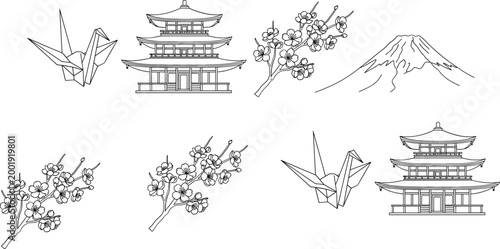 Japanese culture elements collection with origami crane pagoda cherry blossom and Mount Fuji hand drawn line vector illustration set isolated on white background