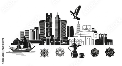 Silhouette of City Skyline with Bird and Boats.