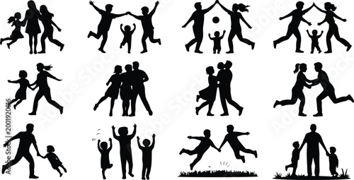 Happy Family Scene Silhouette Icon Collection Set