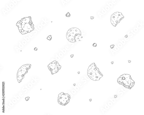 hand drawn chocolate chip cookie set doodle line art with whole broken crumbs biscuit collection bakery food illustration minimal outline vector isolated white background sweet snack dessert