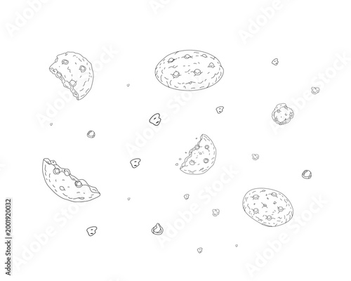 hand drawn chocolate chip cookie set doodle line art with whole broken crumbs biscuit collection bakery food illustration minimal outline vector isolated white background sweet snack dessert