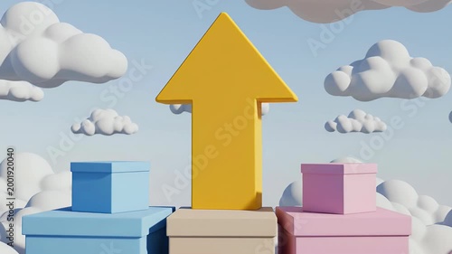 A vibrant, stylized image depicts a yellow arrow pointing upwards, resting atop three colorful boxes amidst a fluffy cloudscape, symbolizing progress and growth.
