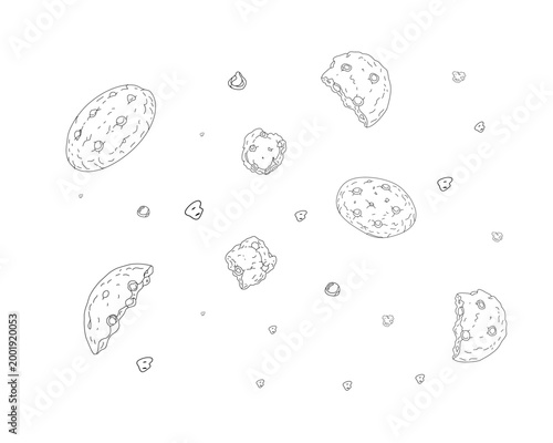 hand drawn chocolate chip cookie set doodle line art with whole broken crumbs biscuit collection bakery food illustration minimal outline vector isolated white background sweet snack dessert