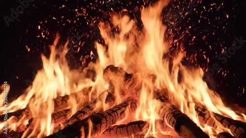 Close-up Cinematic View of Burning Campfire Wood at Night
