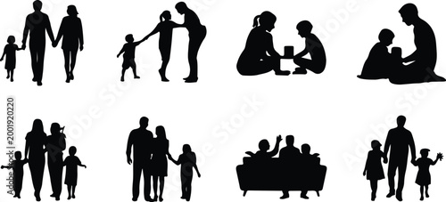 Happy Family Scene Silhouette Icon Collection Set