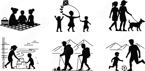 Happy Family Scene Silhouette Icon Collection Set
