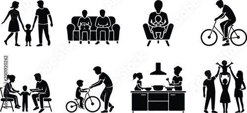 Happy Family Scene Silhouette Icon Collection Set