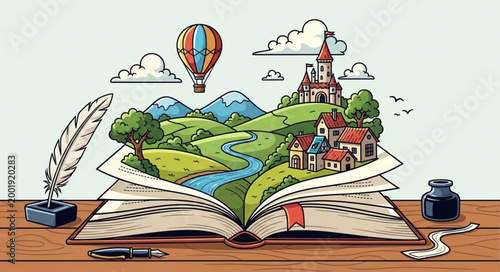 Open Book with Landscape Illustration and Travel Items.