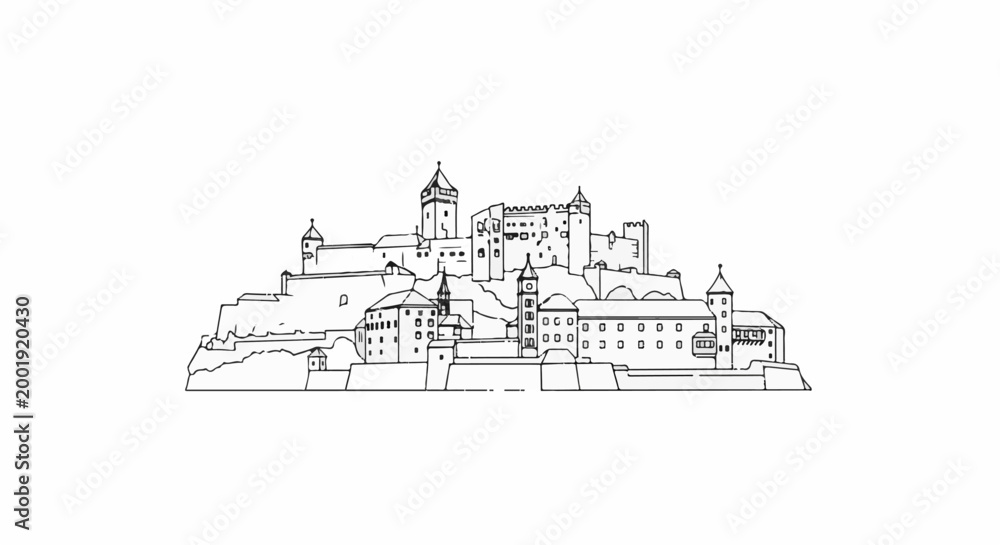 Fototapeta premium Ornate castle complex with multiple towers and buildings on a hilltop