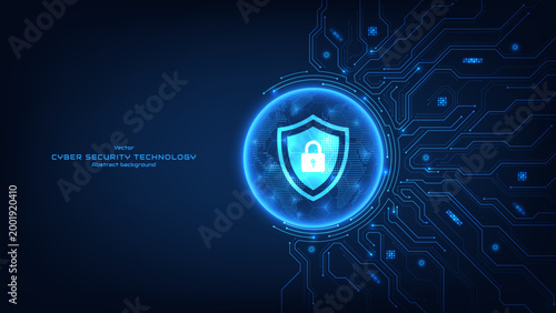 Cybersecurity concept. World map point and line composition with a protection shield on a futuristic background. Privacy defense systems and personal safety information. Vector illustration.