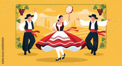 Traditional Folk Dance Performance with Three Dancers in Cultural Attire.