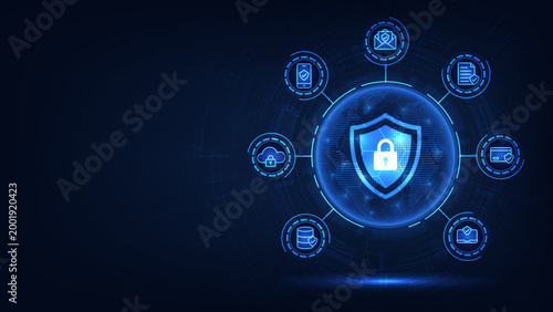 Cybersecurity concept. World map point and line composition with a protection shield on a futuristic background. Privacy defense systems and personal safety information. Vector illustration.