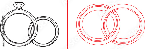 Minimalist wedding and engagement ring line art vector illustration icons isolated on white background