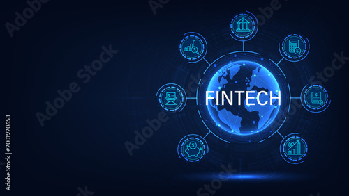 Fintech. Financial technology and business world-class concept. 3D global with a Fintech word. Digital finance in the online world consists of various kinds of currencies. Vector illustration.