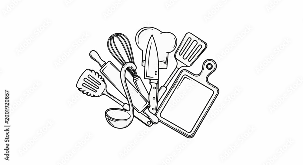 Fototapeta premium Assortment of cooking utensils including a chef's hat, knife, rolling pin, and cutting board